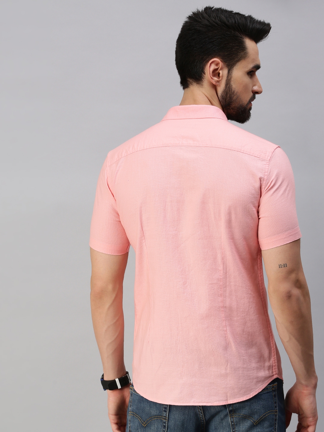 Showoff | SHOWOFF Men Pink Solid Slim Collar Short Sleeves Casual Shirt 3