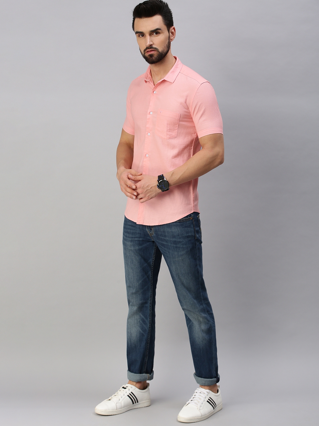 Showoff | SHOWOFF Men Pink Solid Slim Collar Short Sleeves Casual Shirt 4