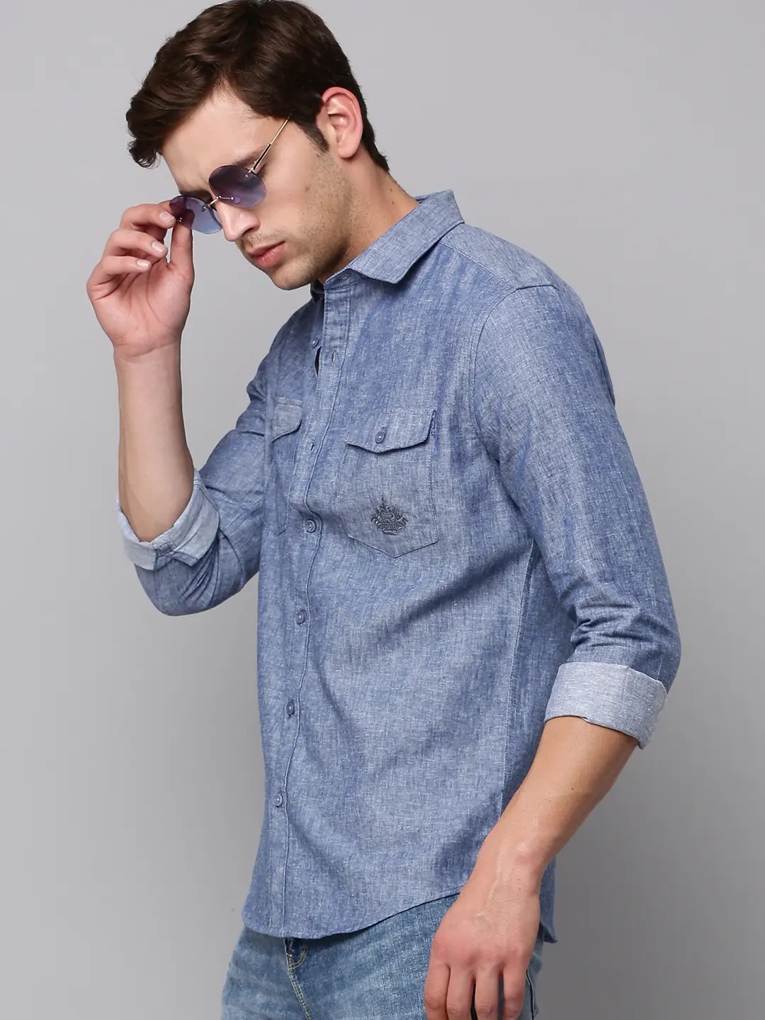 Showoff | SHOWOFF Men Navy Blue Solid Spread Collar Full Sleeves Casual Shirt 0