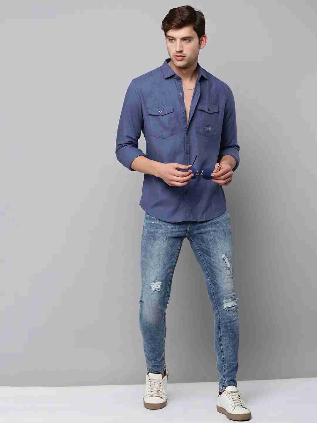 SHOWOFF Men Navy Blue Solid Spread Collar Full Sleeves Casual Shirt