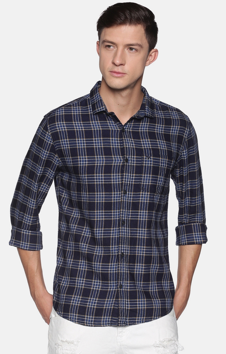 Showoff | SHOWOFF Men Navy Blue Checked Classic Collar Full Sleeves Slim Fit Casual Shirt 0