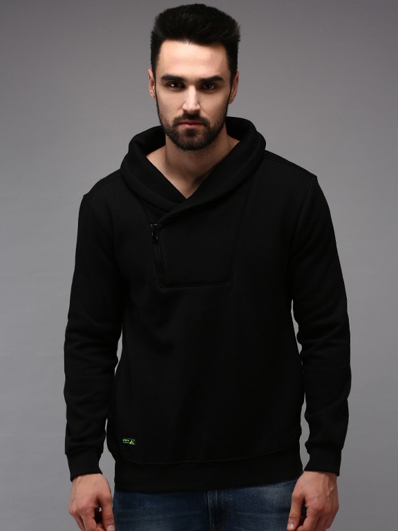 SHOWOFF Men's Double Collar Black Solid Sweatshirt