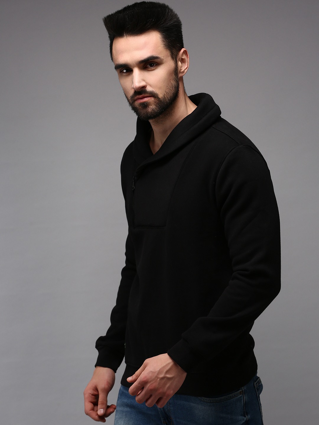 SHOWOFF Men's Double Collar Black Solid Sweatshirt