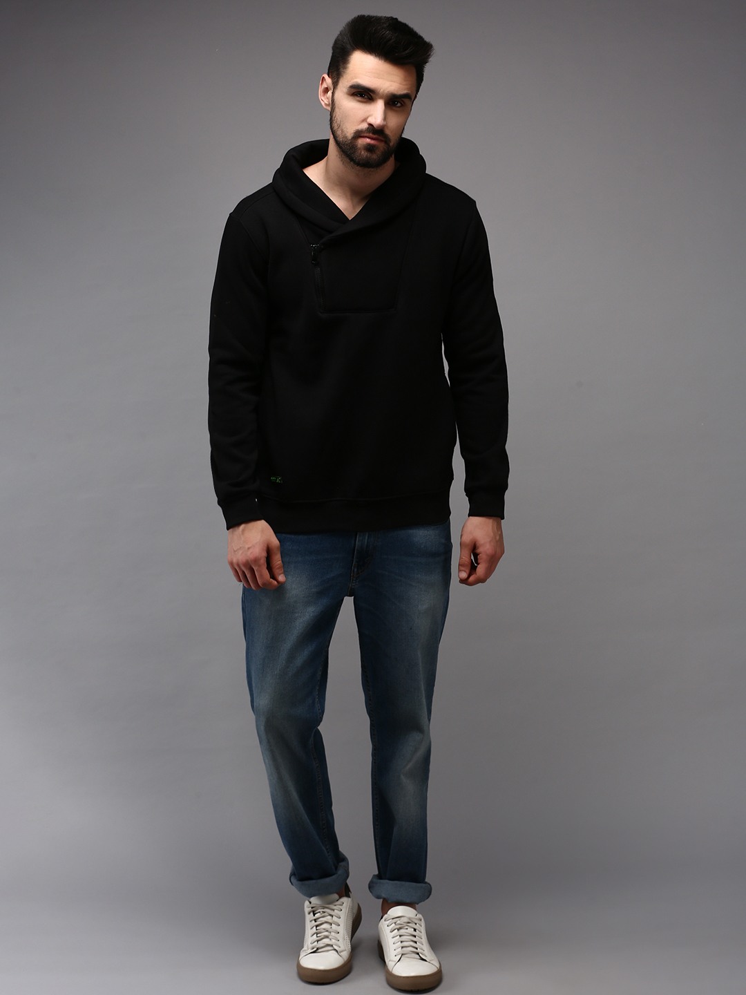 SHOWOFF Men's Double Collar Black Solid Sweatshirt