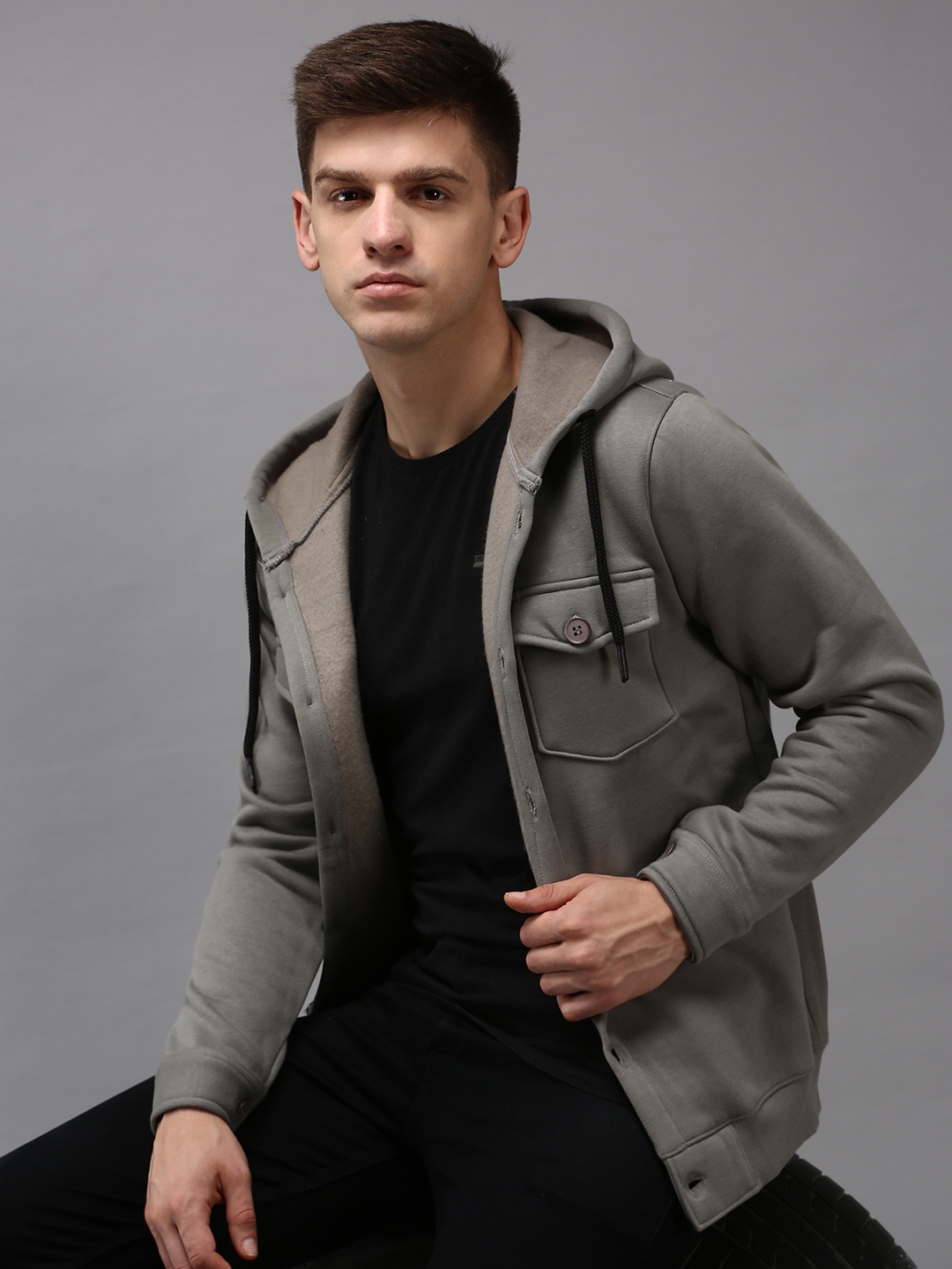 Showoff | SHOWOFF Men Grey Solid Hooded Full Sleeves Front-Open Sweatshirt 0