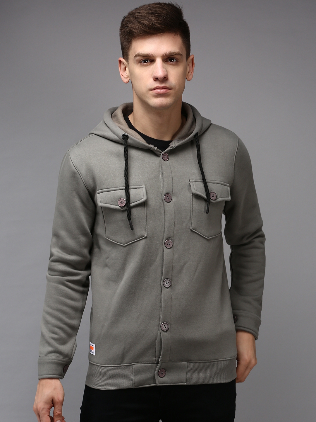 Showoff | SHOWOFF Men Grey Solid Hooded Full Sleeves Front-Open Sweatshirt 1