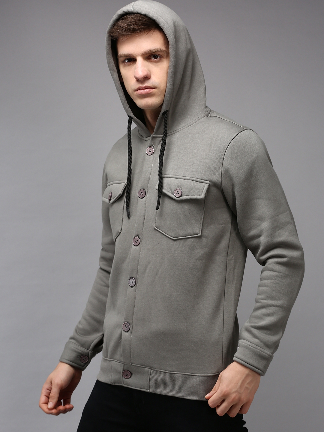 Showoff | SHOWOFF Men Grey Solid Hooded Full Sleeves Front-Open Sweatshirt 2
