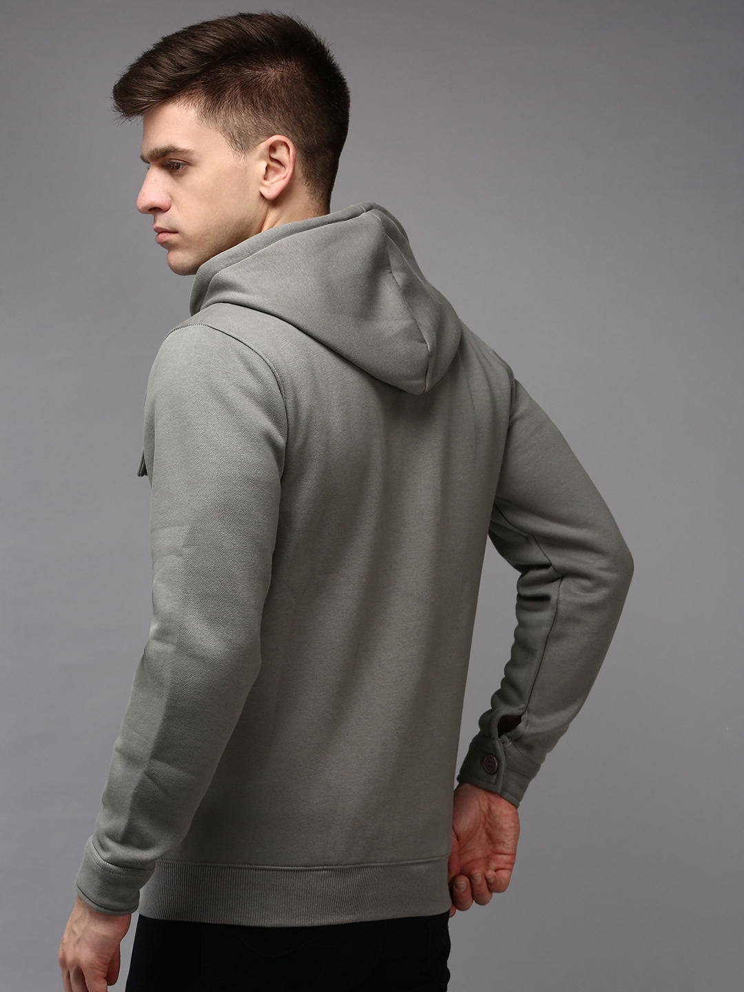 Showoff | SHOWOFF Men Grey Solid Hooded Full Sleeves Front-Open Sweatshirt 3