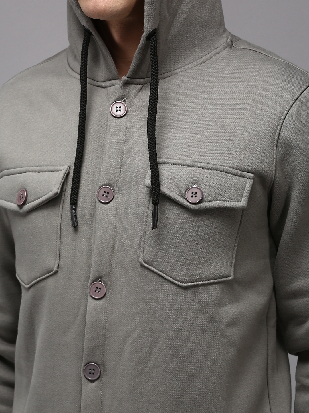 Showoff | SHOWOFF Men Grey Solid Hooded Full Sleeves Front-Open Sweatshirt 5