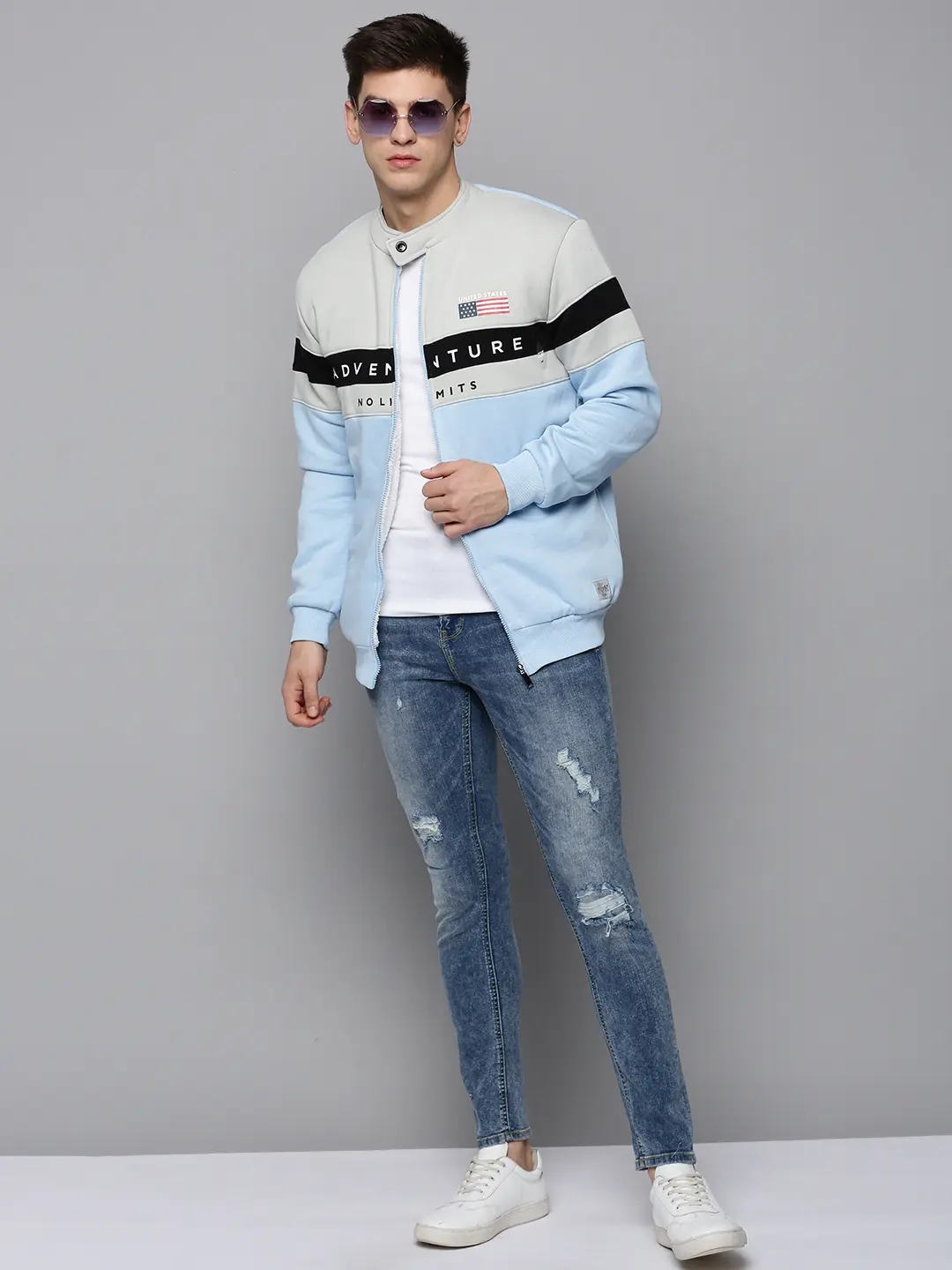 Showoff | SHOWOFF Men Blue Colourblocked Mandarin Collar Full Sleeves Front-Open Sweatshirt 4