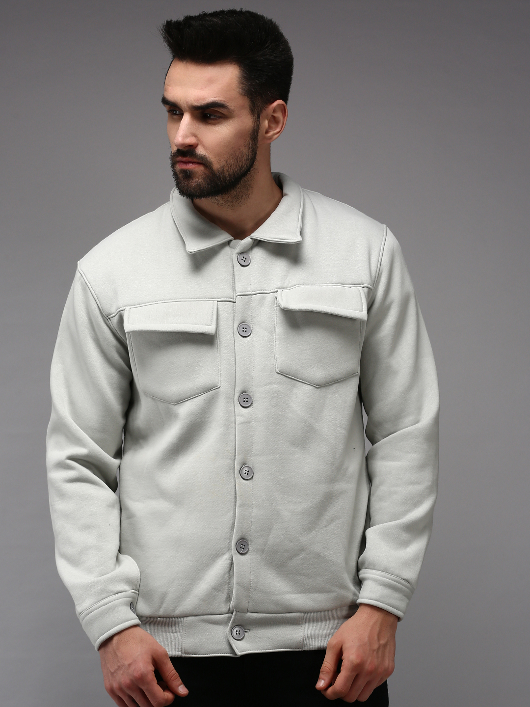 SHOWOFF Men's Shirt Collar Grey Solid Sweatshirt