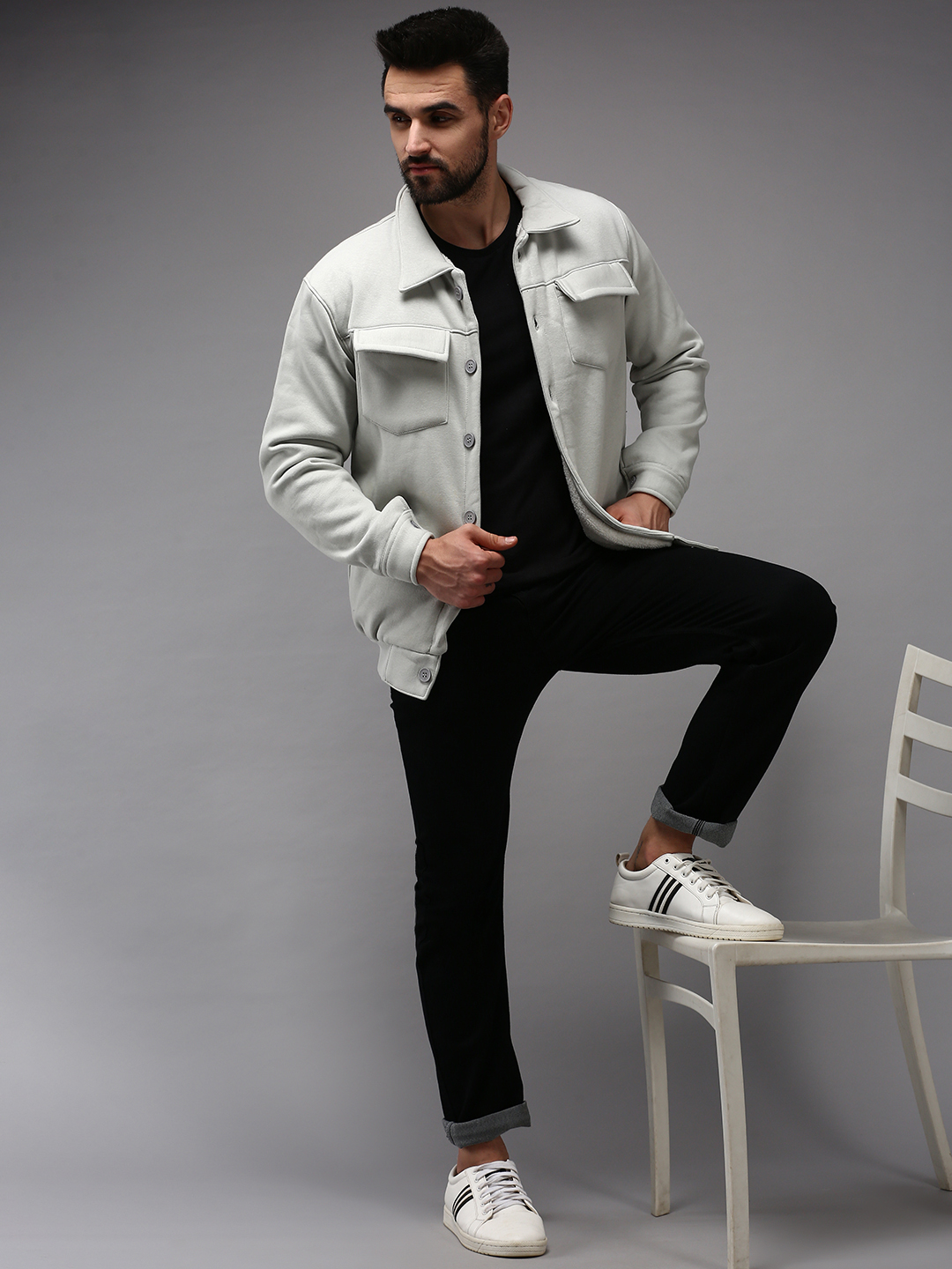 SHOWOFF Men's Shirt Collar Grey Solid Sweatshirt