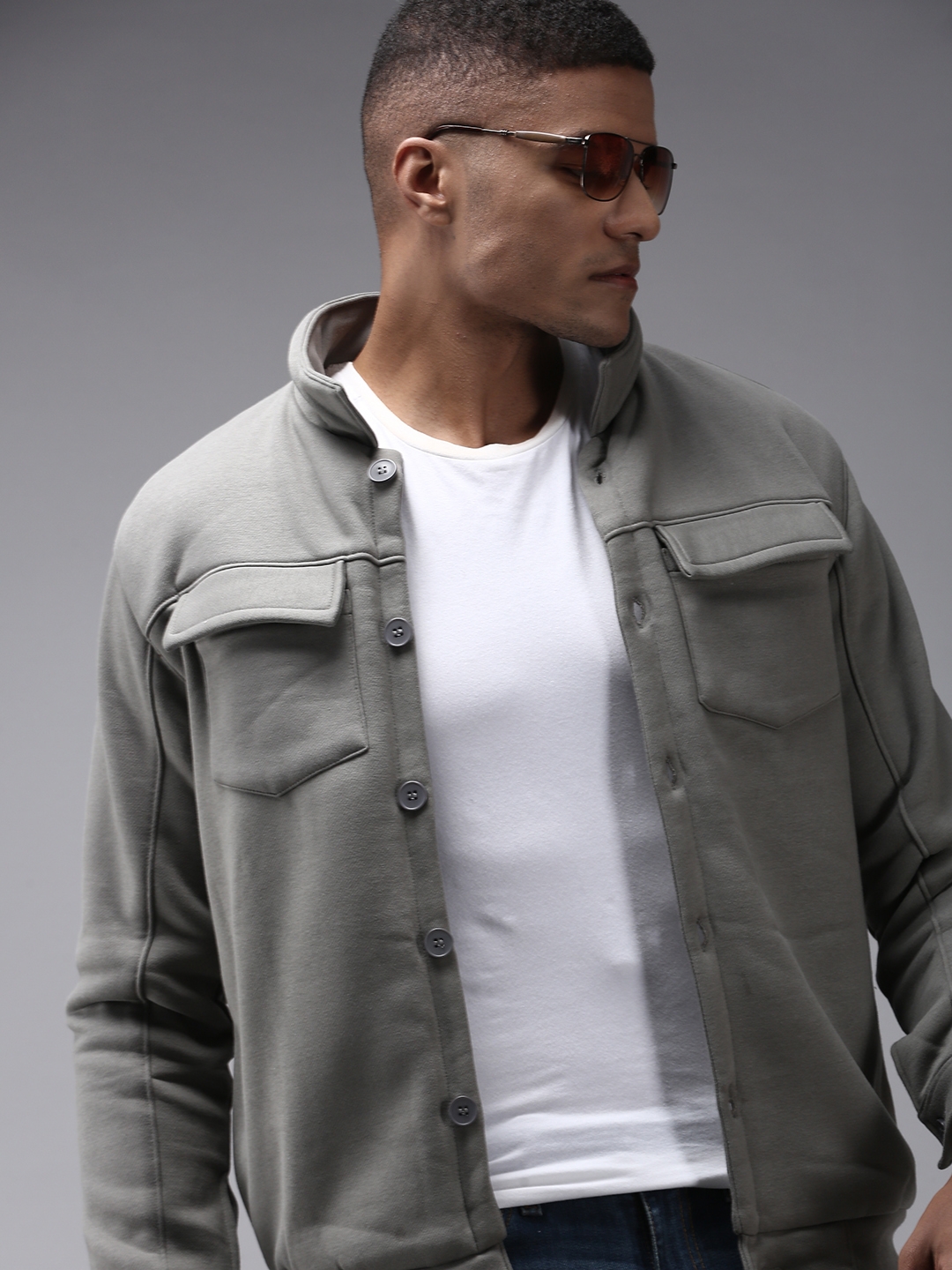 Showoff | SHOWOFF Men Grey Solid Shirt Collar Full Sleeves Front-Open Sweatshirt 0