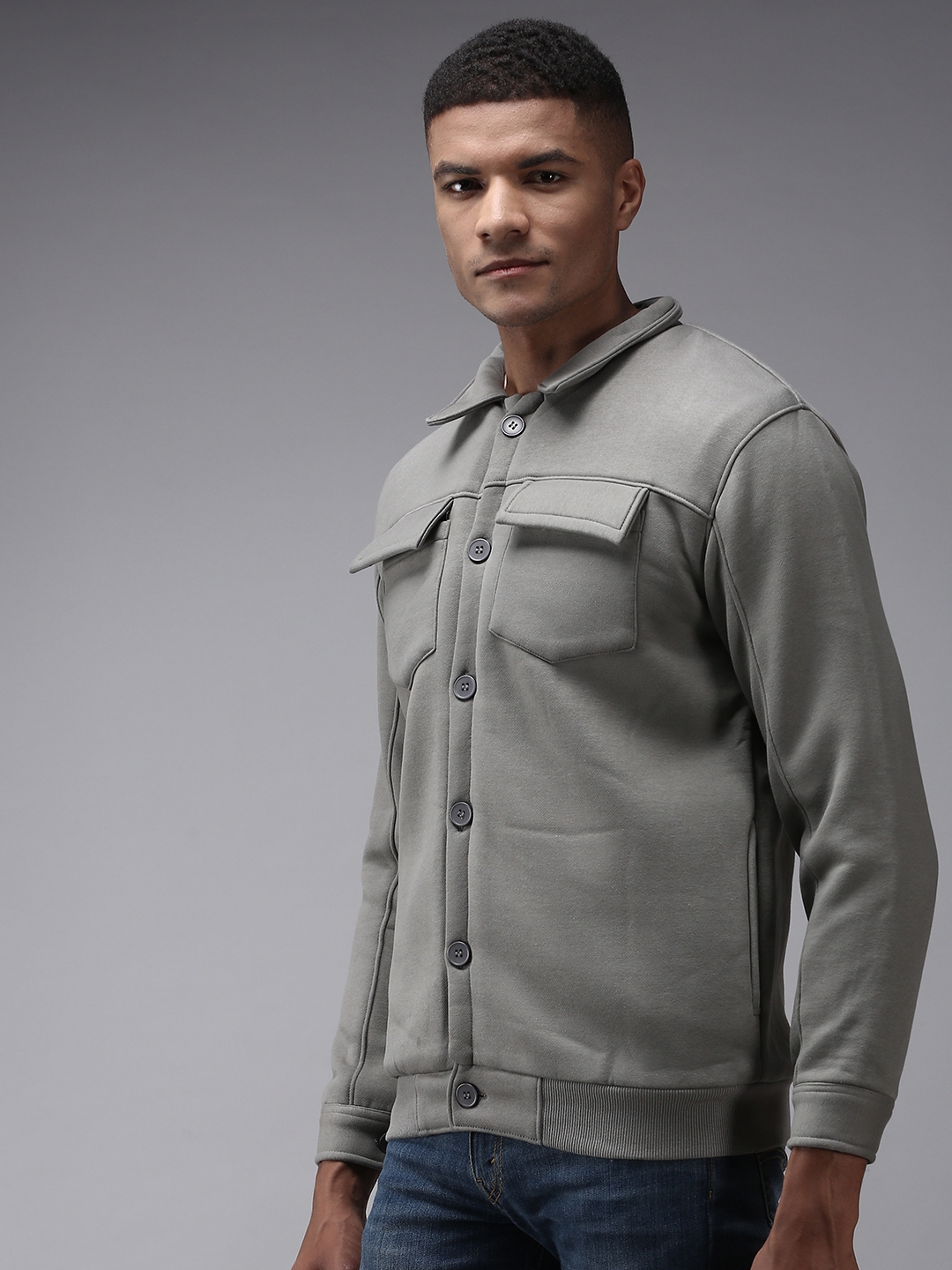 Showoff | SHOWOFF Men Grey Solid Shirt Collar Full Sleeves Front-Open Sweatshirt 2