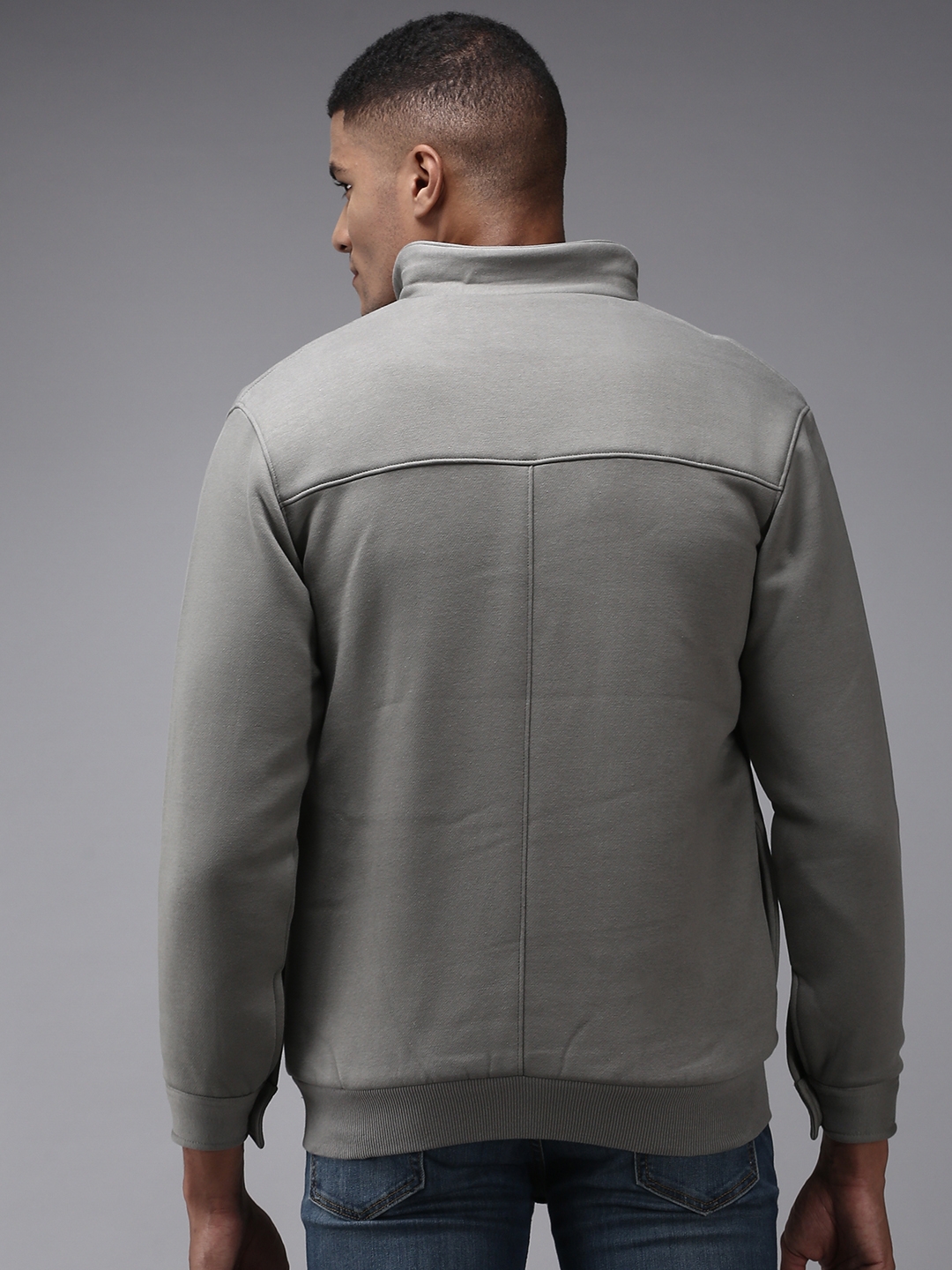 Showoff | SHOWOFF Men Grey Solid Shirt Collar Full Sleeves Front-Open Sweatshirt 3