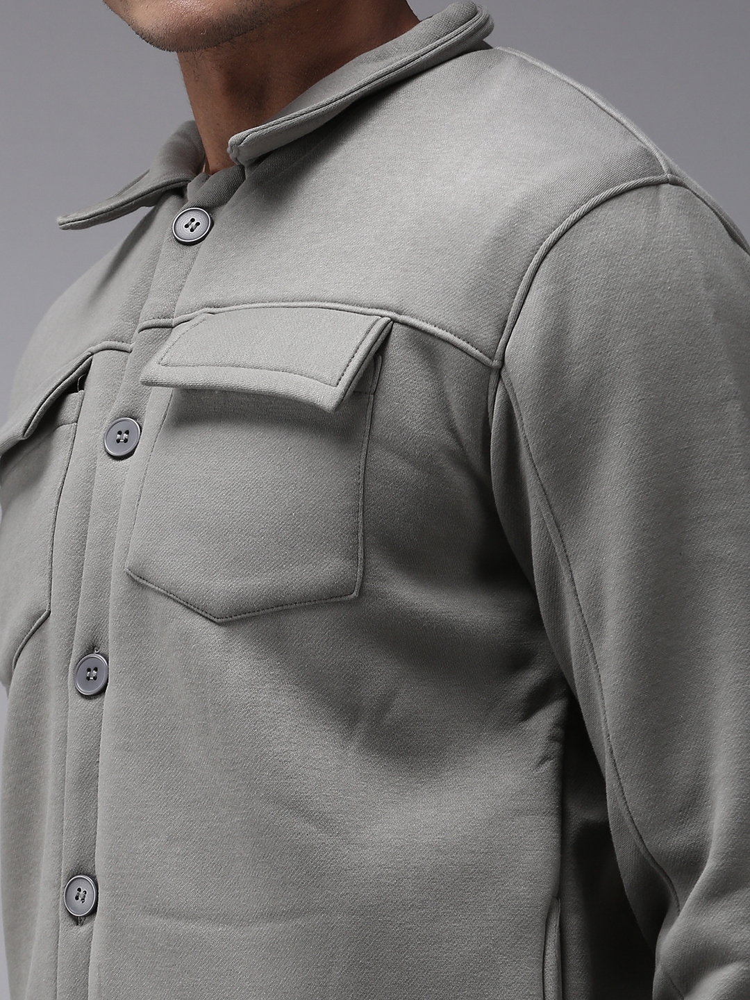 Showoff | SHOWOFF Men Grey Solid Shirt Collar Full Sleeves Front-Open Sweatshirt 5