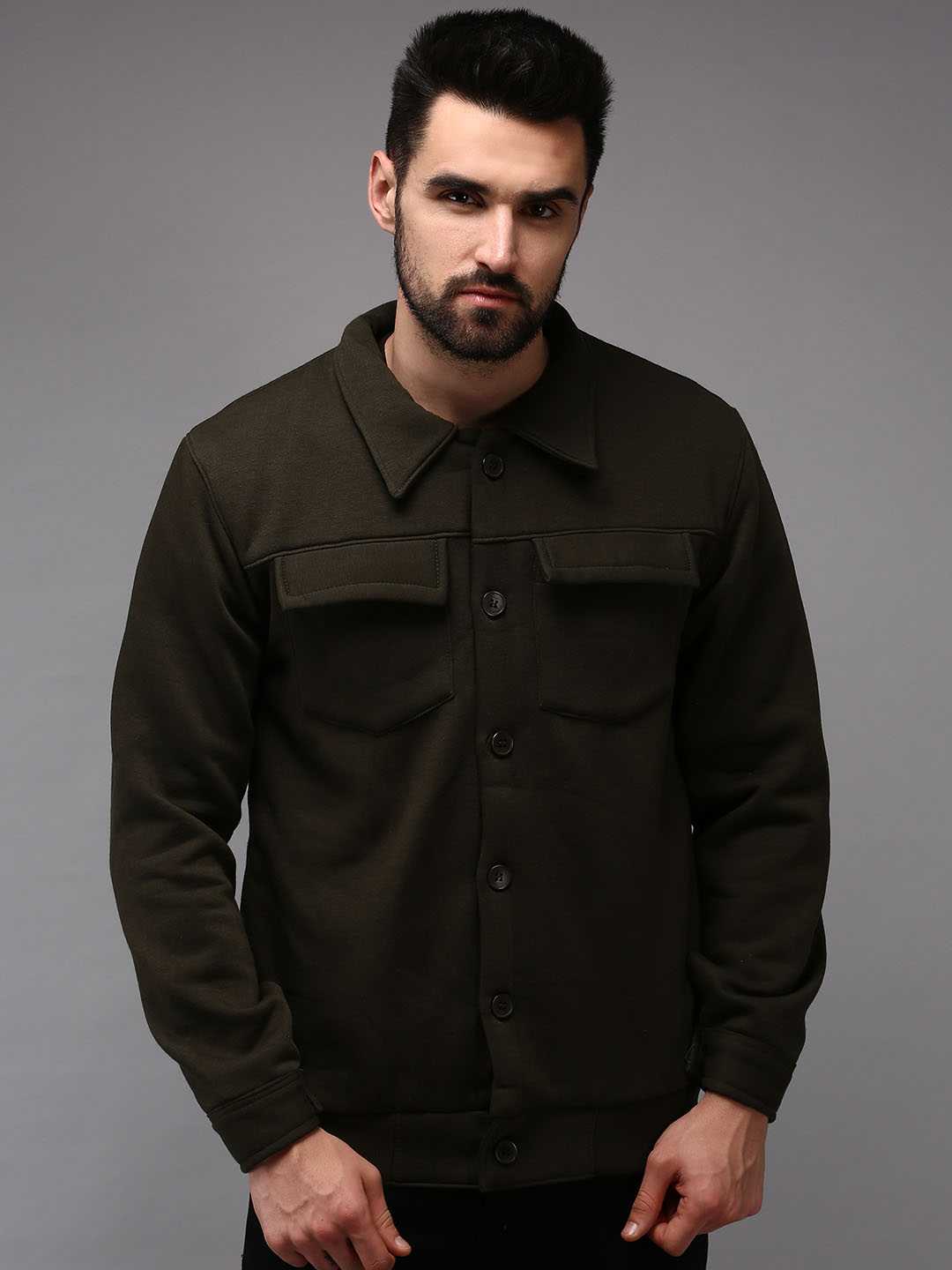 SHOWOFF Men Olive Solid Shirt Collar Full Sleeves Front-Open Sweatshirt