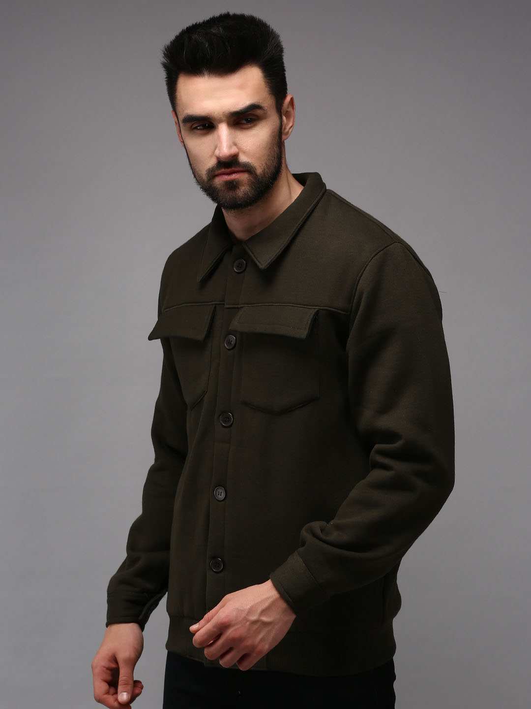 SHOWOFF Men Olive Solid Shirt Collar Full Sleeves Front-Open Sweatshirt