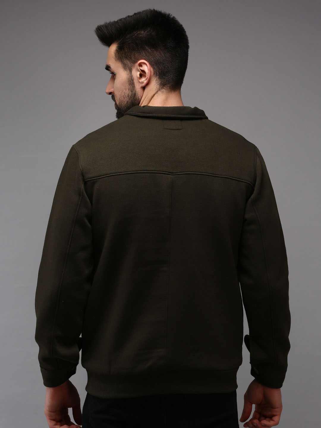 SHOWOFF Men Olive Solid Shirt Collar Full Sleeves Front-Open Sweatshirt