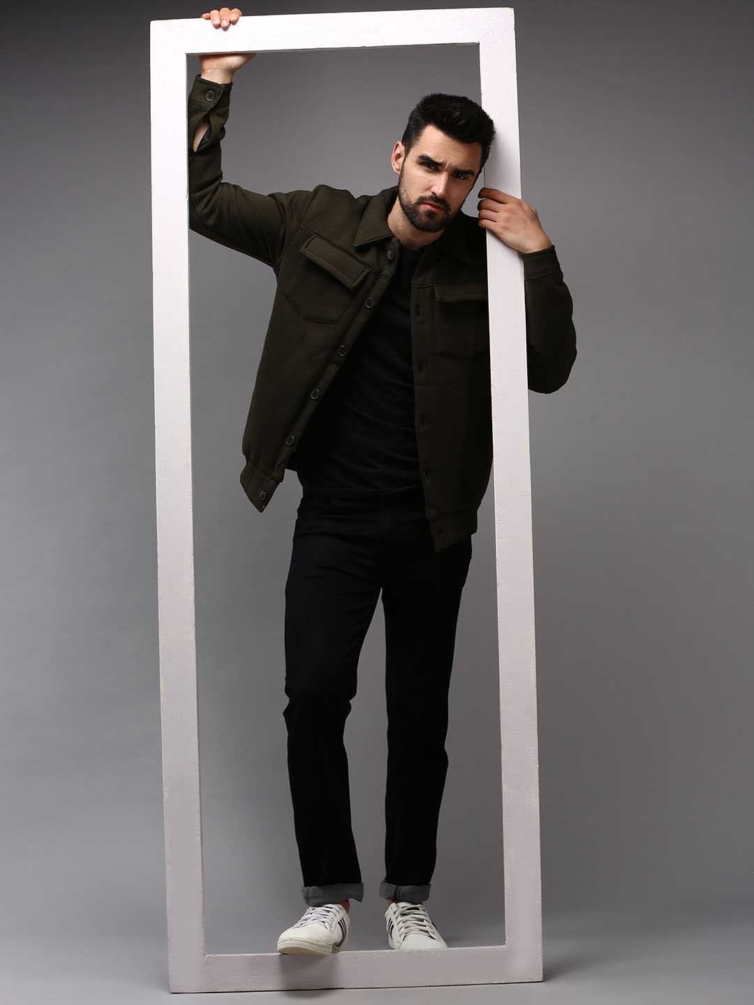 SHOWOFF Men Olive Solid Shirt Collar Full Sleeves Front-Open Sweatshirt
