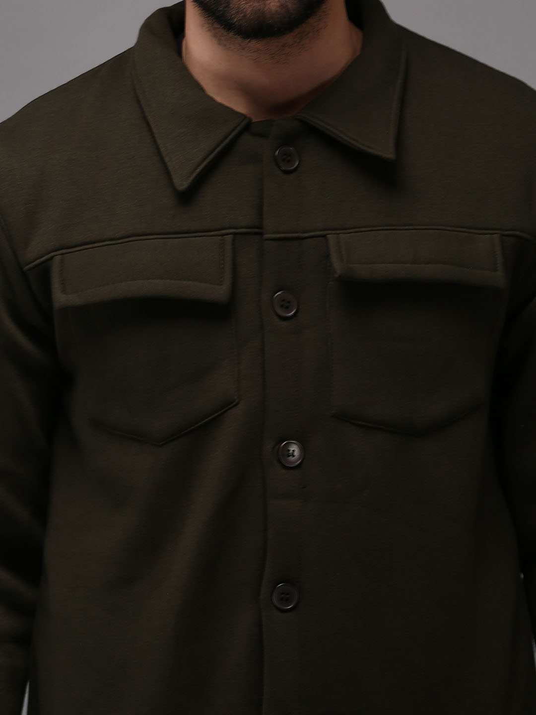 SHOWOFF Men Olive Solid Shirt Collar Full Sleeves Front-Open Sweatshirt