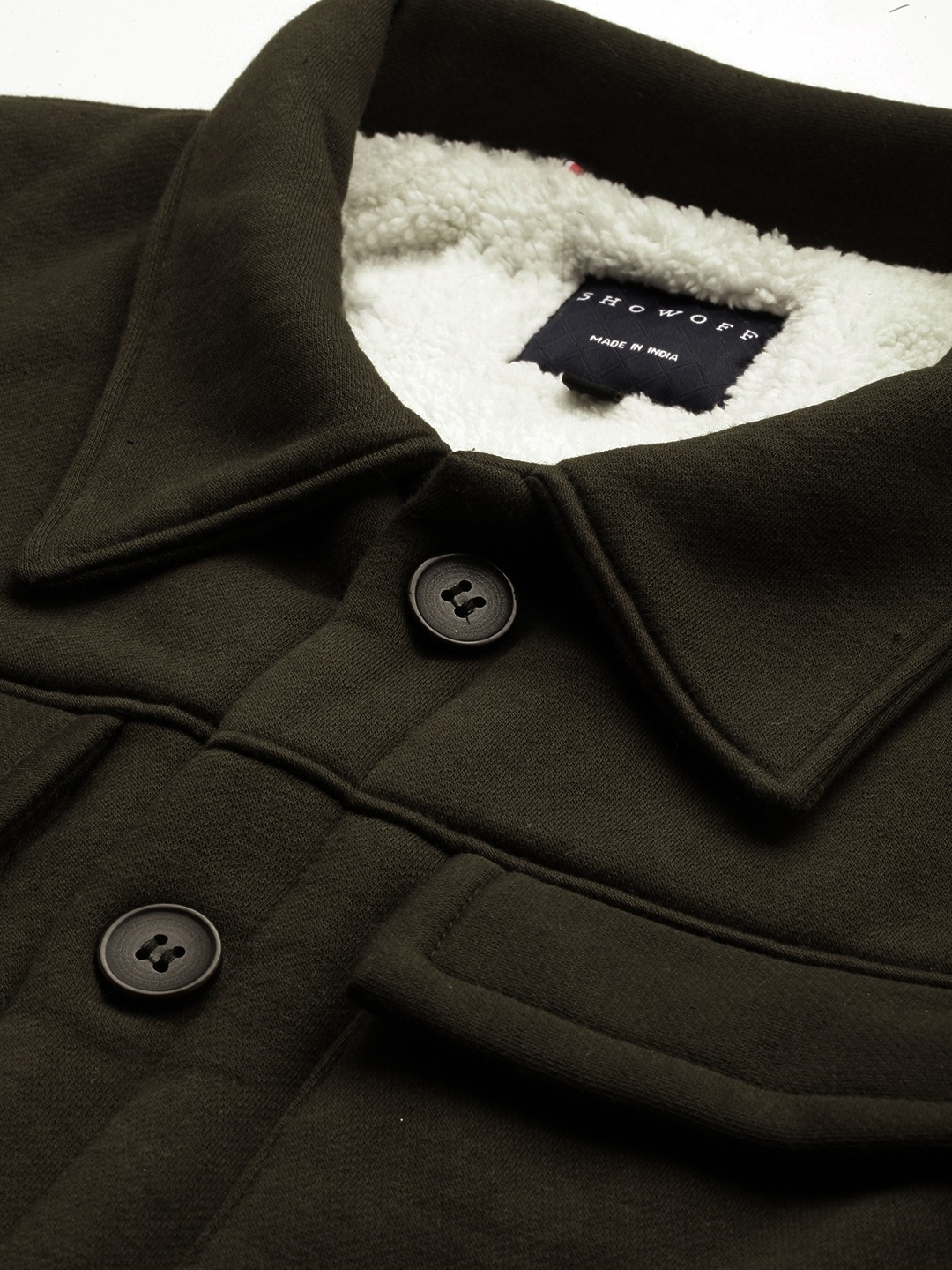 SHOWOFF Men Olive Solid Shirt Collar Full Sleeves Front-Open Sweatshirt