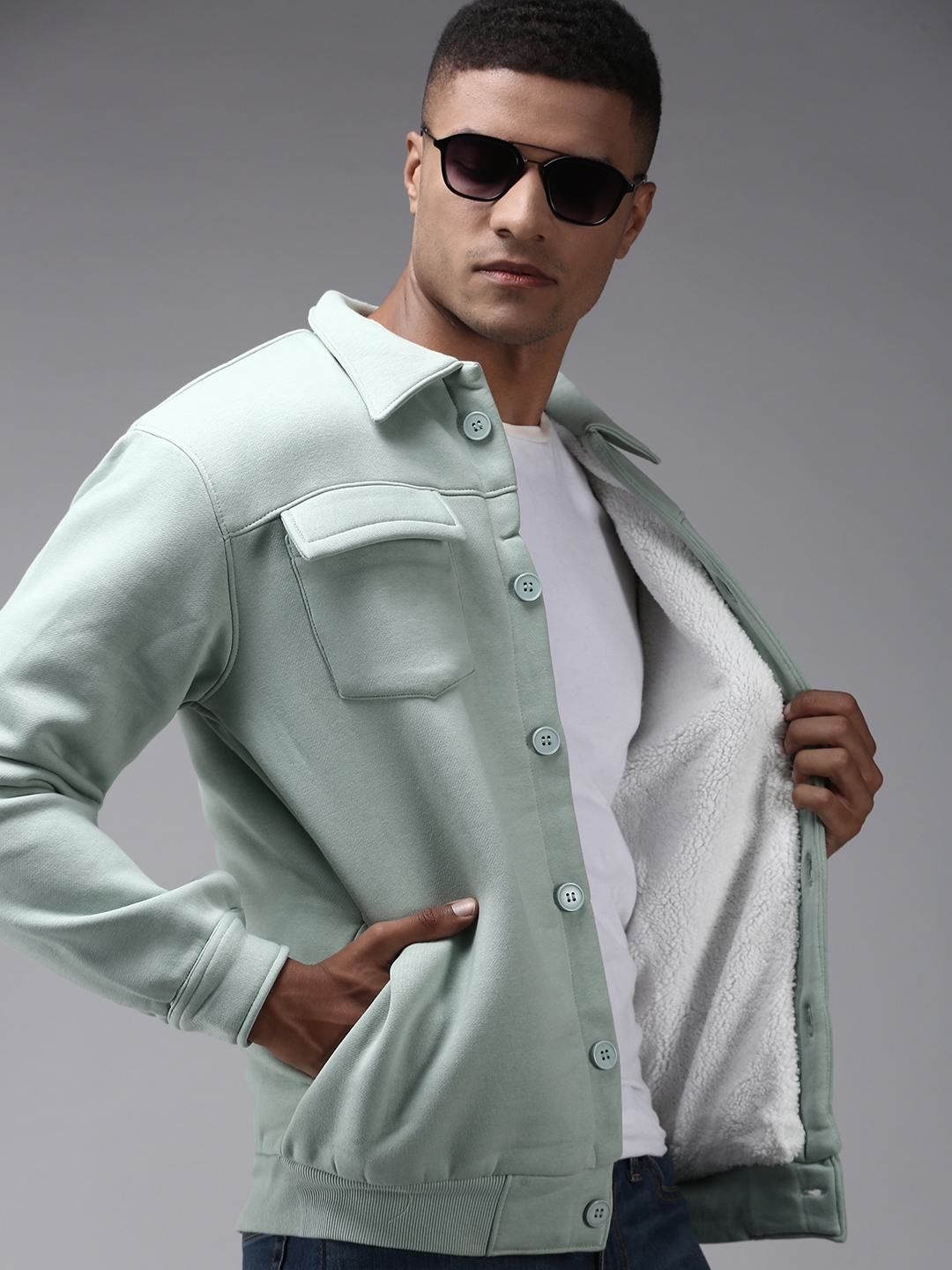 Showoff | SHOWOFF Men Sea Green Solid Shirt Collar Full Sleeves Front-Open Sweatshirt 0