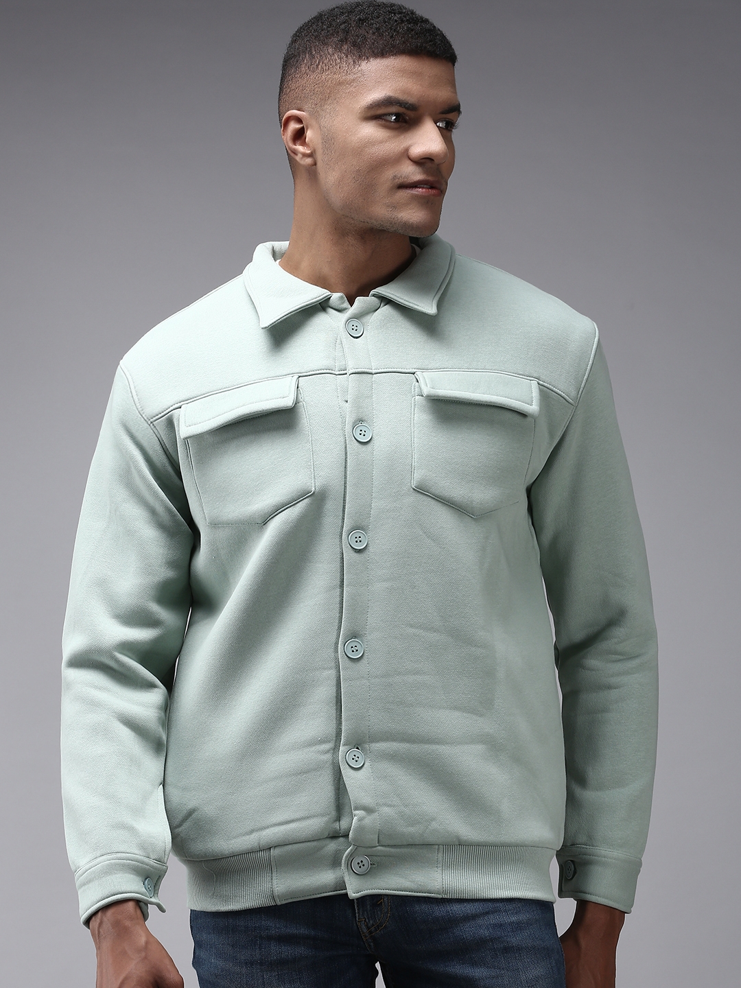 Showoff | SHOWOFF Men Sea Green Solid Shirt Collar Full Sleeves Front-Open Sweatshirt 1