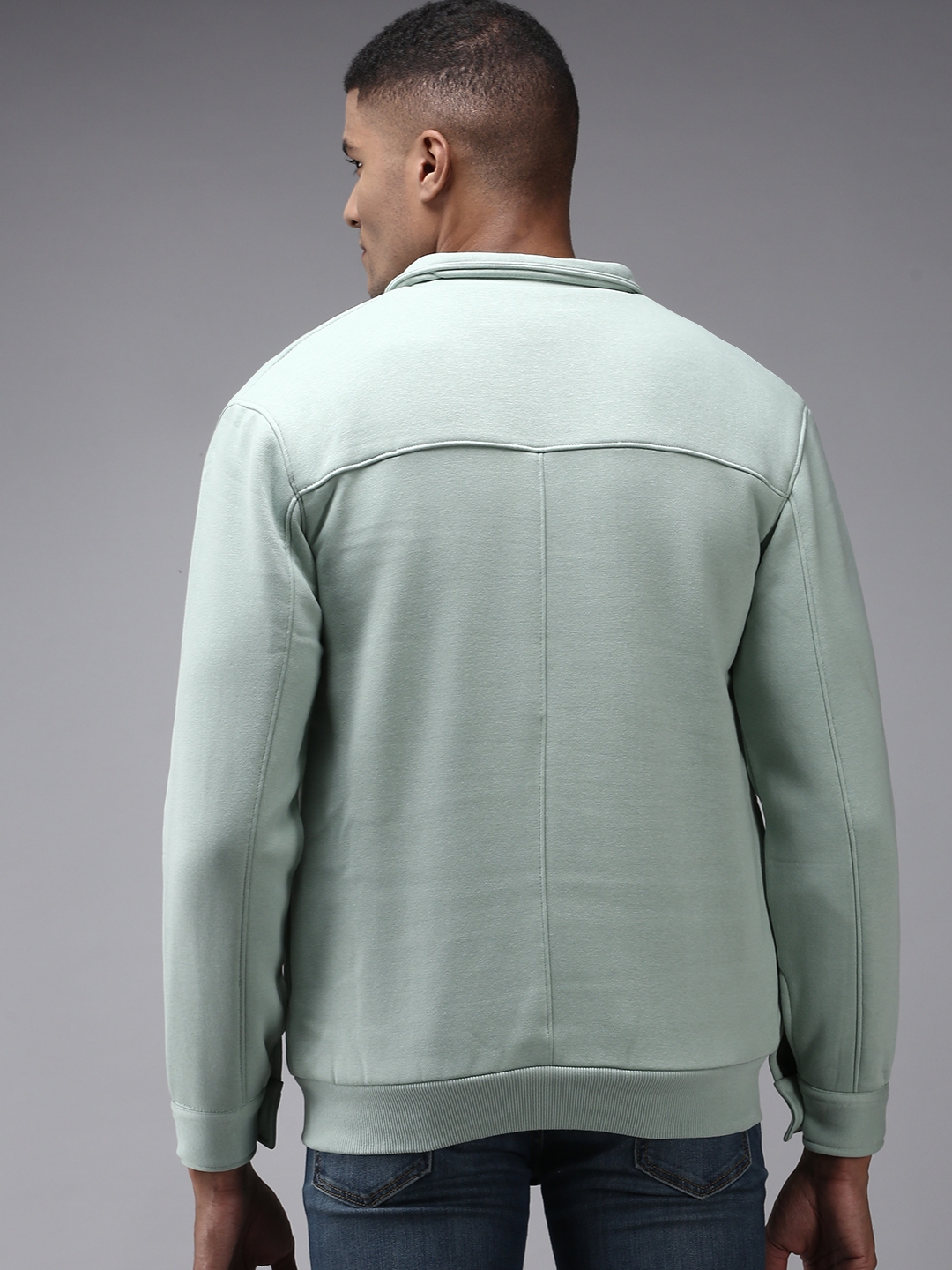 Showoff | SHOWOFF Men Sea Green Solid Shirt Collar Full Sleeves Front-Open Sweatshirt 3