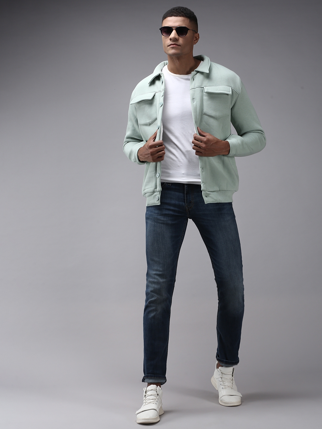 Showoff | SHOWOFF Men Sea Green Solid Shirt Collar Full Sleeves Front-Open Sweatshirt 4