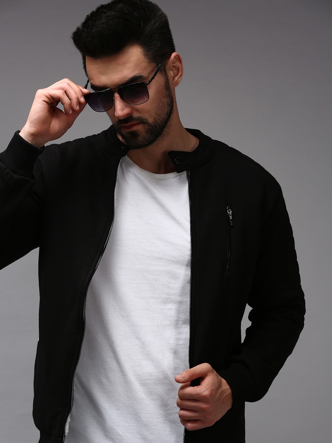 Showoff | SHOWOFF Men Black Solid Mandarin Collar Full Sleeves Front-Open Sweatshirt 0