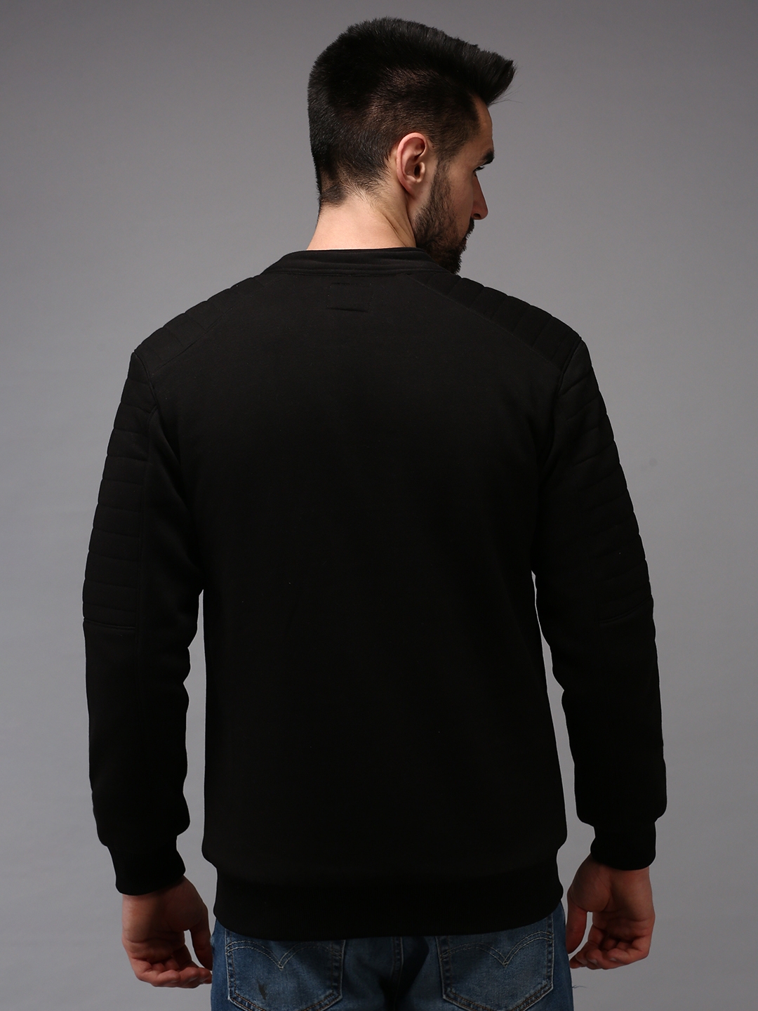 Showoff | SHOWOFF Men Black Solid Mandarin Collar Full Sleeves Front-Open Sweatshirt 3