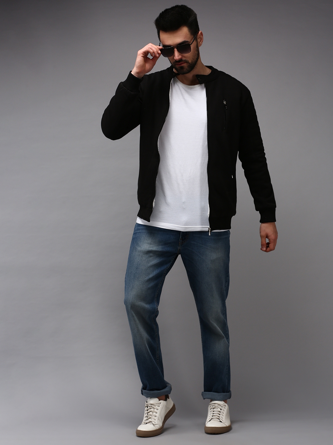 Showoff | SHOWOFF Men Black Solid Mandarin Collar Full Sleeves Front-Open Sweatshirt 4