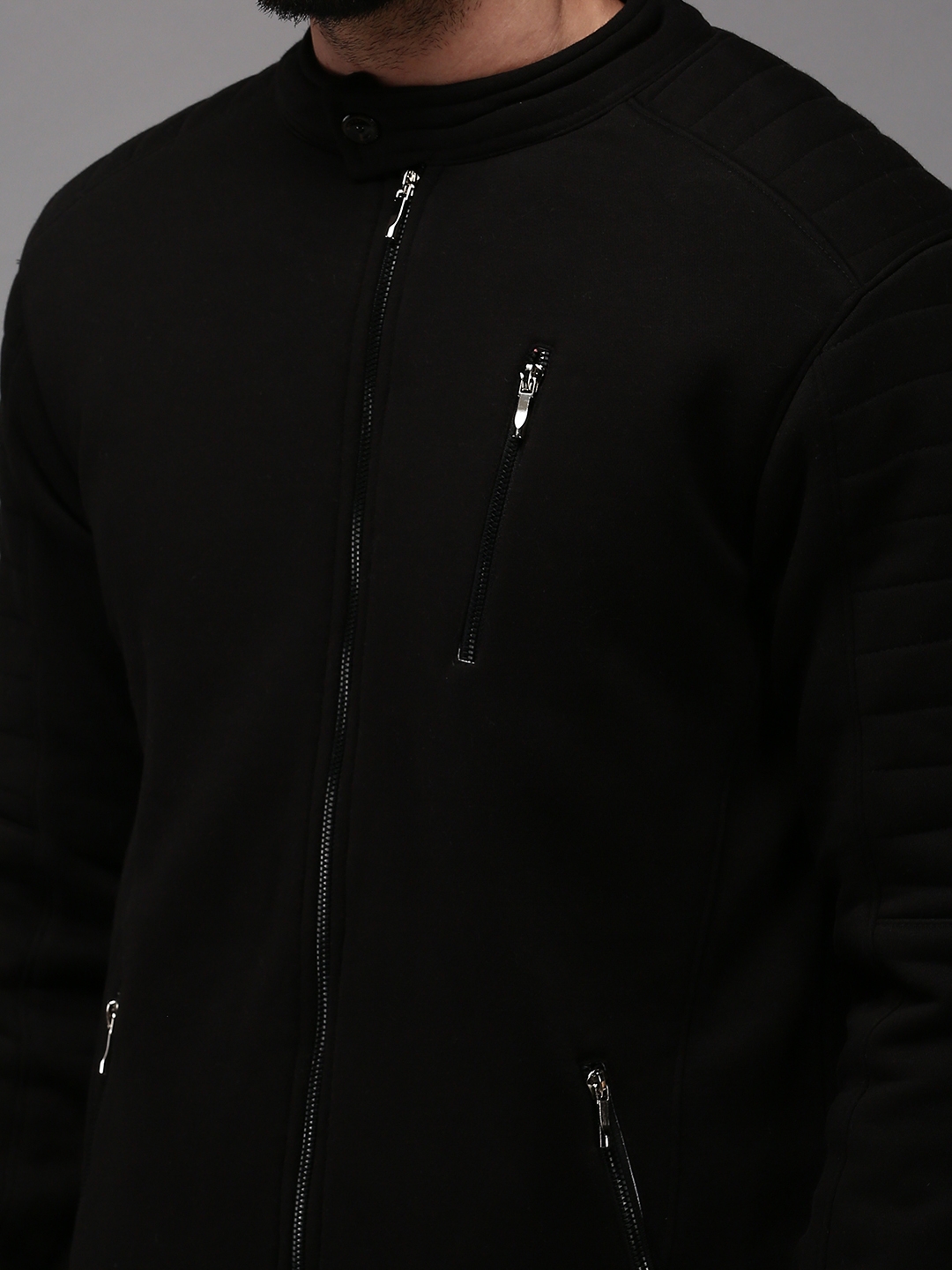 Showoff | SHOWOFF Men Black Solid Mandarin Collar Full Sleeves Front-Open Sweatshirt 5