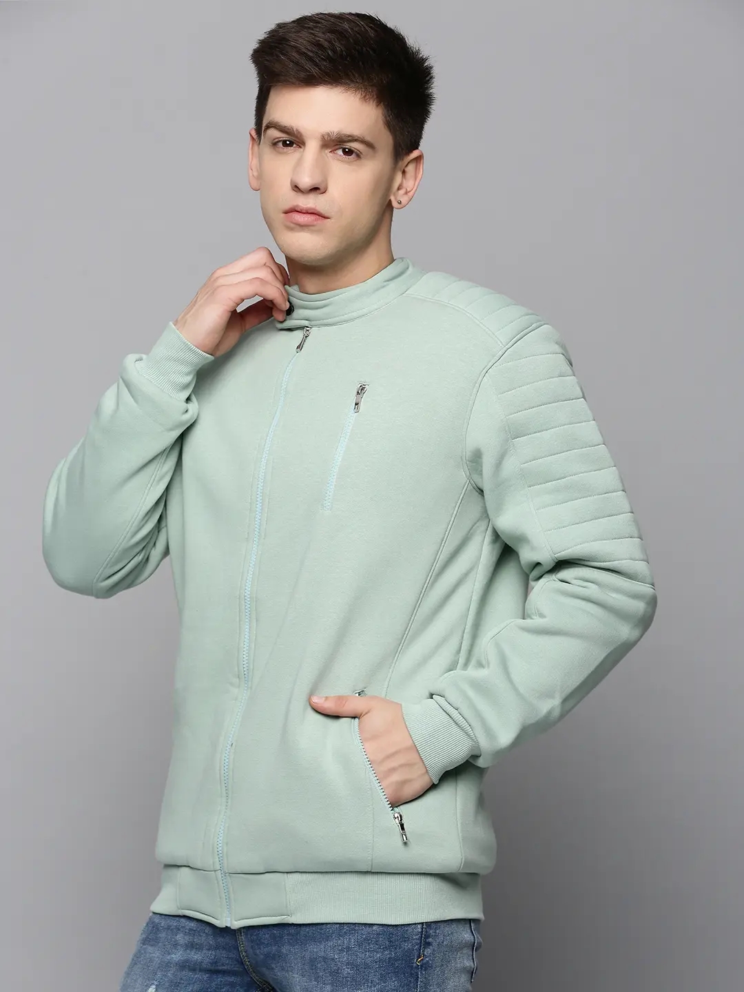 Showoff | SHOWOFF Men Sea Green Solid Mandarin Collar Full Sleeves Front-Open Sweatshirt 2