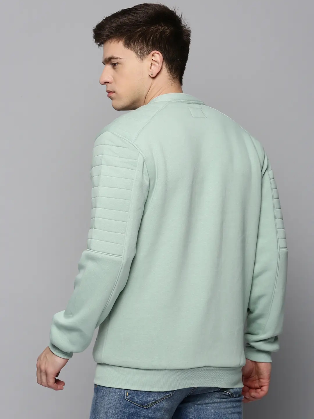 Showoff | SHOWOFF Men Sea Green Solid Mandarin Collar Full Sleeves Front-Open Sweatshirt 3