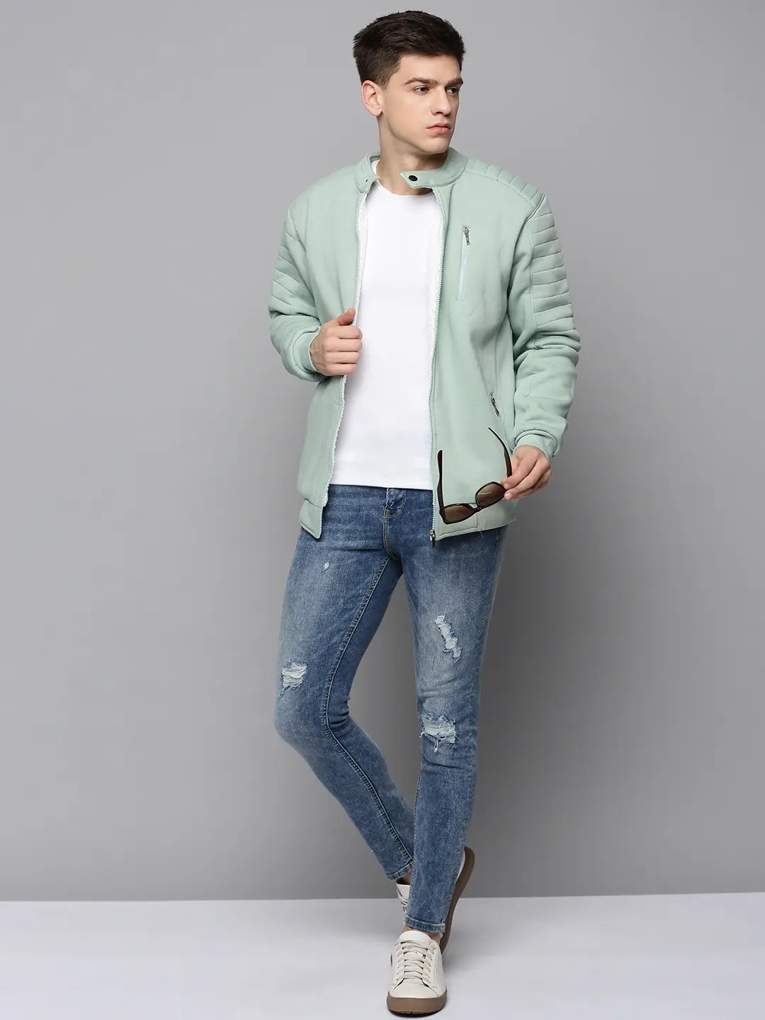 Showoff | SHOWOFF Men Sea Green Solid Mandarin Collar Full Sleeves Front-Open Sweatshirt 4