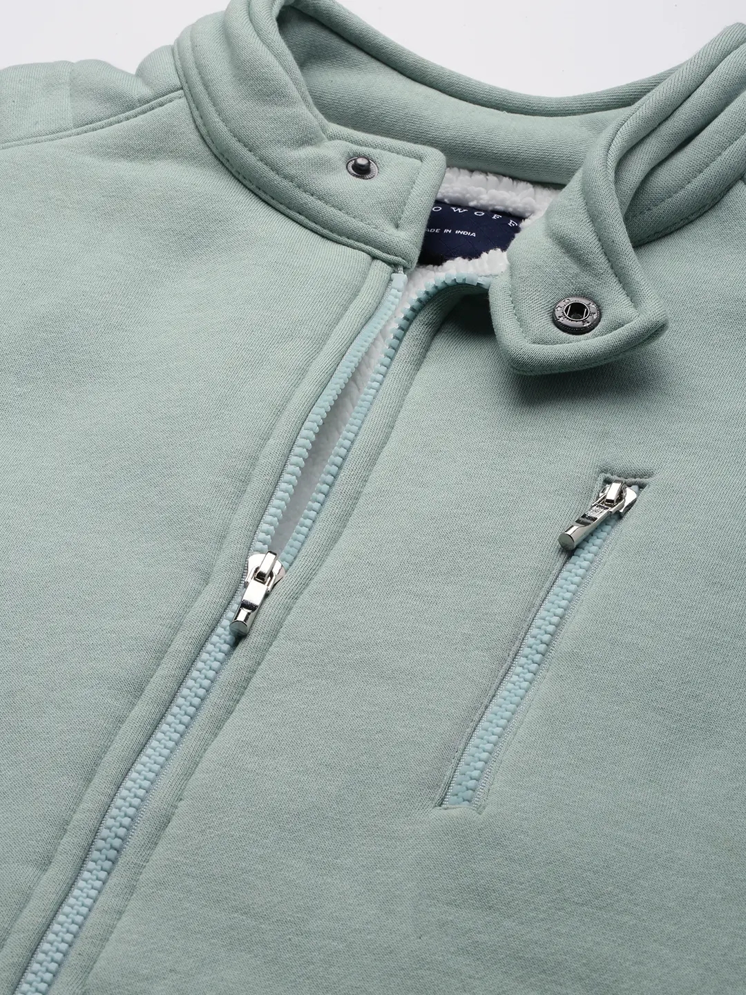 Showoff | SHOWOFF Men Sea Green Solid Mandarin Collar Full Sleeves Front-Open Sweatshirt 6