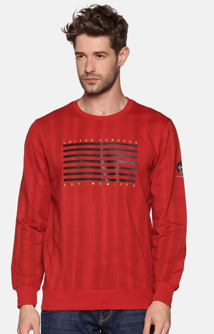 Showoff | SHOWOFF Men Red Striped Round Neck Full Sleeves Regular Fit Mid Length Sweatshirt 0