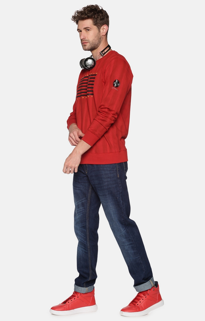 Showoff | SHOWOFF Men Red Striped Round Neck Full Sleeves Regular Fit Mid Length Sweatshirt 1