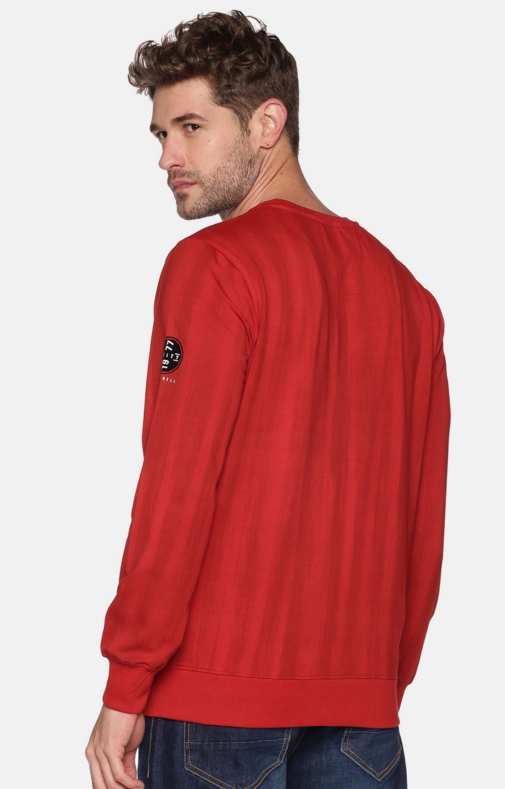 Showoff | SHOWOFF Men Red Striped Round Neck Full Sleeves Regular Fit Mid Length Sweatshirt 3