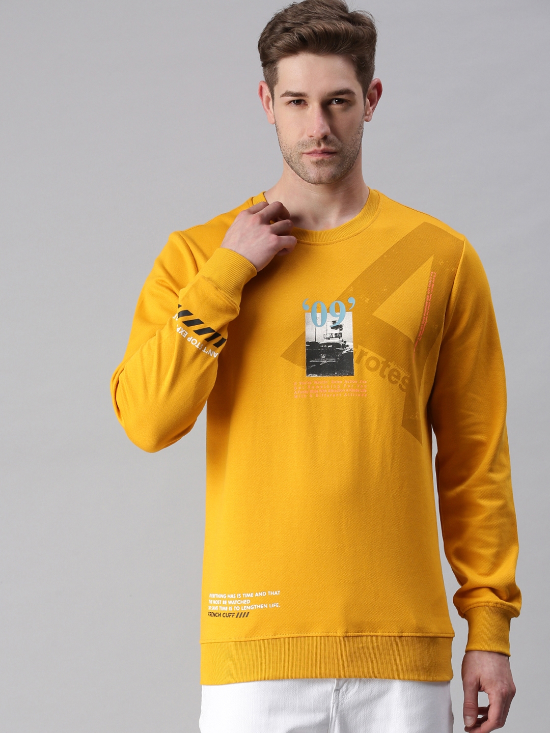 Showoff | SHOWOFF Men Yellow Printed Round Neck Full Sleeves Slim Fit Mid Length Sweatshirt 1