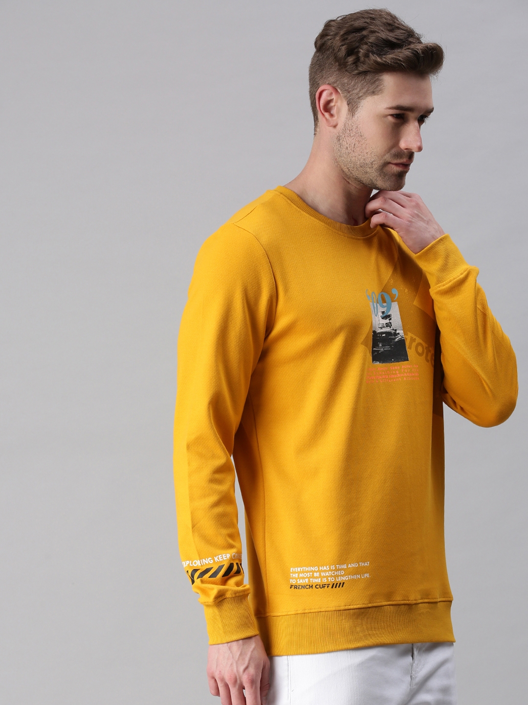 Showoff | SHOWOFF Men Yellow Printed Round Neck Full Sleeves Slim Fit Mid Length Sweatshirt 2