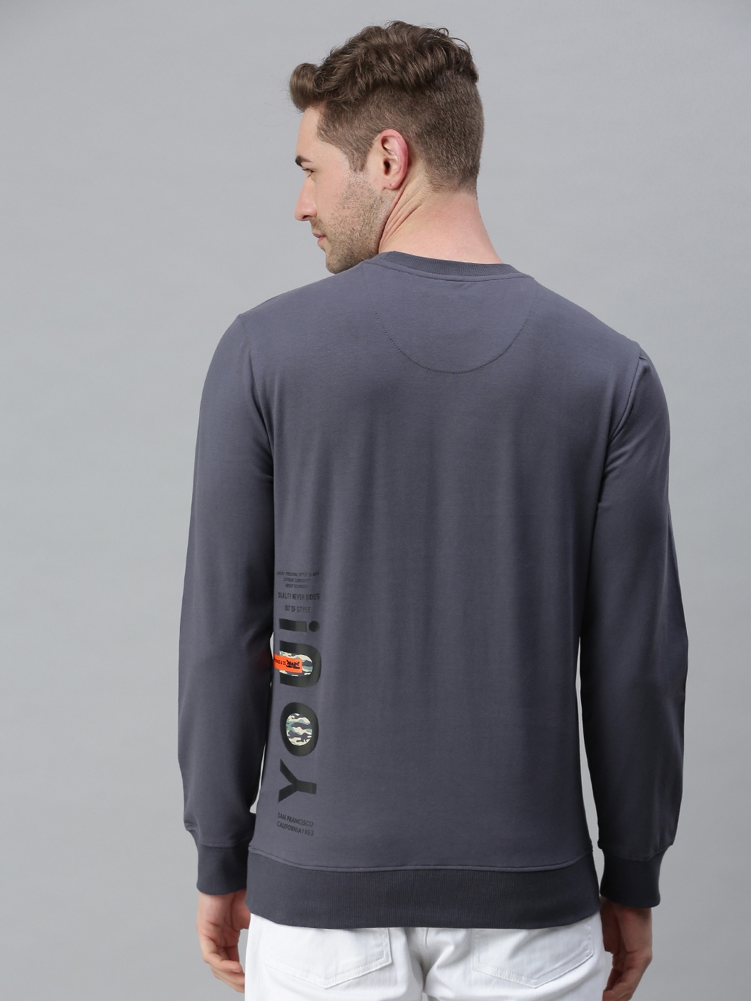 Showoff | SHOWOFF Men Grey Printed Round Neck Full Sleeves Slim Fit Mid Length Sweatshirt 3