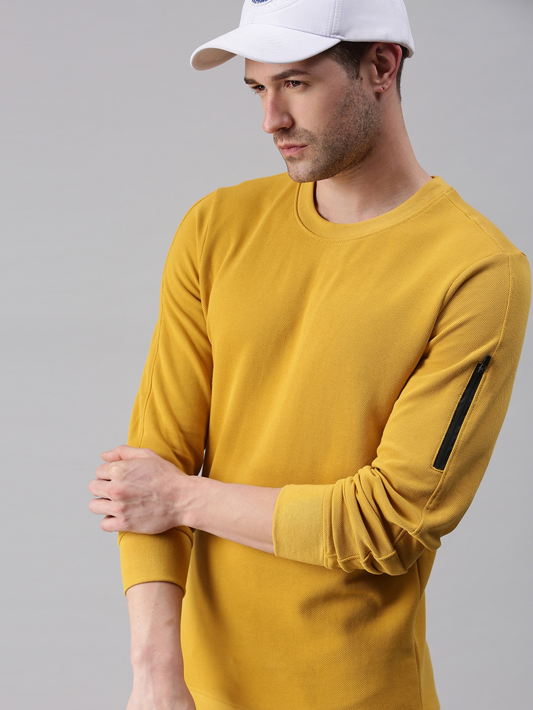 Showoff | SHOWOFF Men Yellow Solid Round Neck Full Sleeves Slim Fit Mid Length Sweatshirt 0