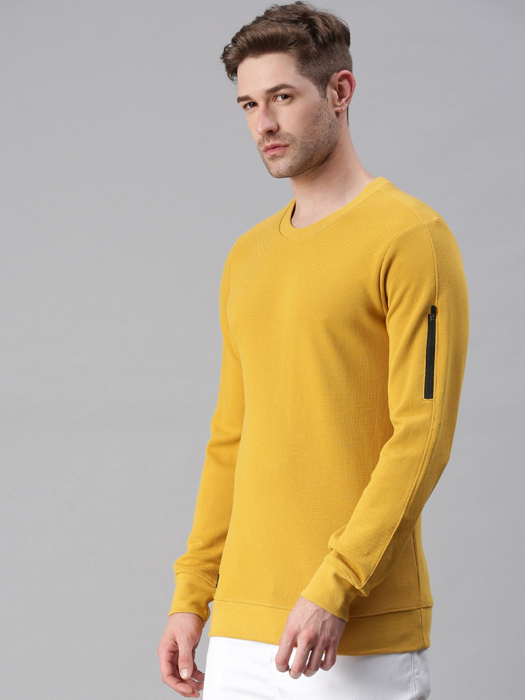 Showoff | SHOWOFF Men Yellow Solid Round Neck Full Sleeves Slim Fit Mid Length Sweatshirt 2