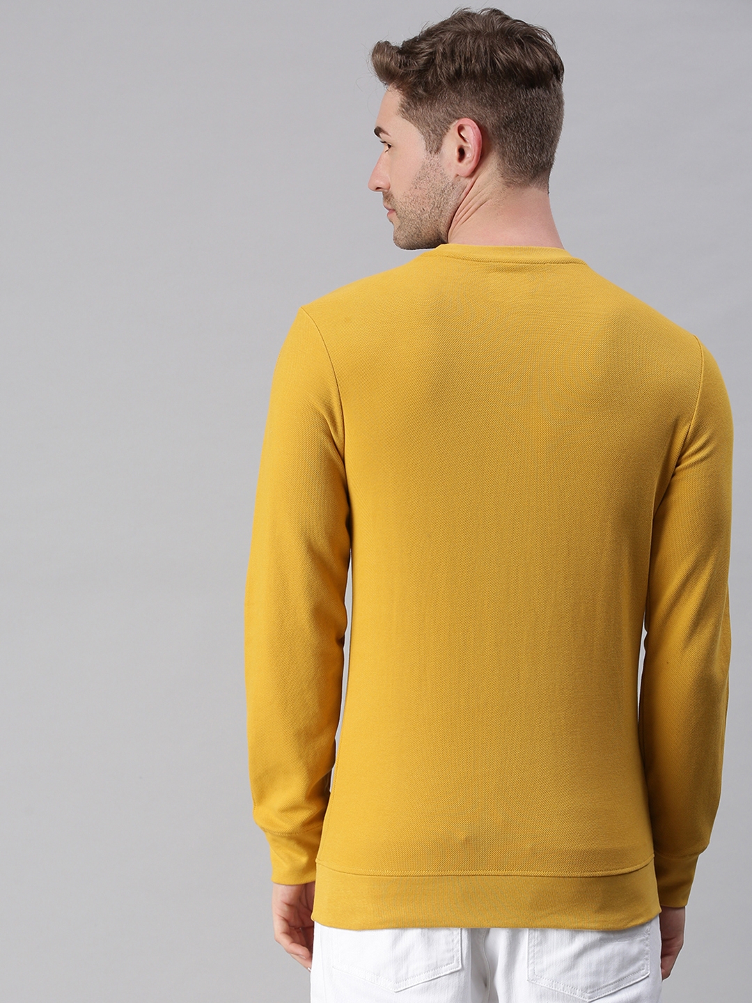 Showoff | SHOWOFF Men Yellow Solid Round Neck Full Sleeves Slim Fit Mid Length Sweatshirt 3