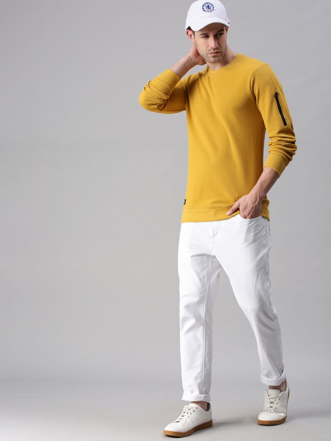 Showoff | SHOWOFF Men Yellow Solid Round Neck Full Sleeves Slim Fit Mid Length Sweatshirt 4