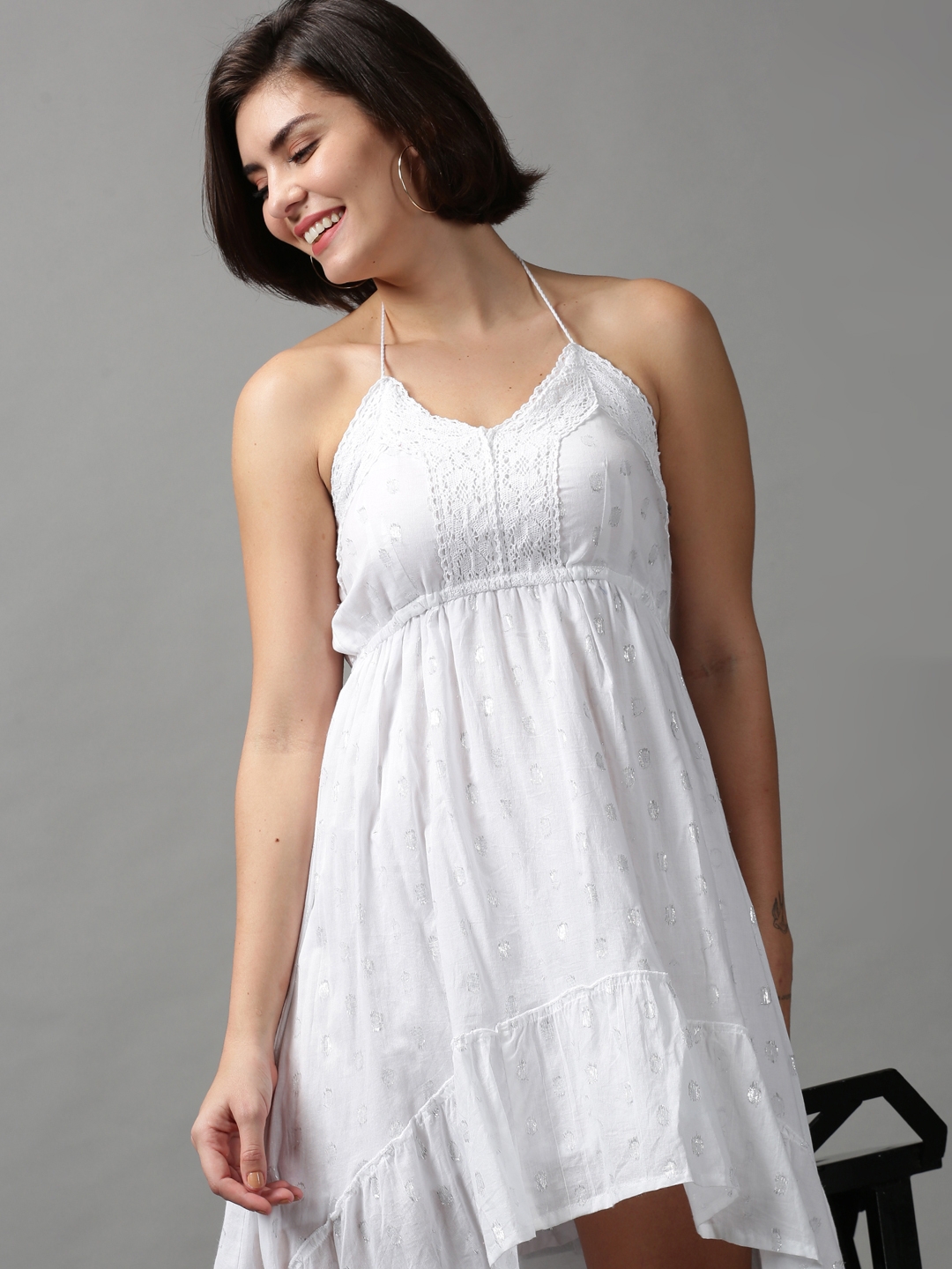Showoff | SHOWOFF Women White Self Design Halter Neck Sleeveless Midi Fit and Flare Dress 0