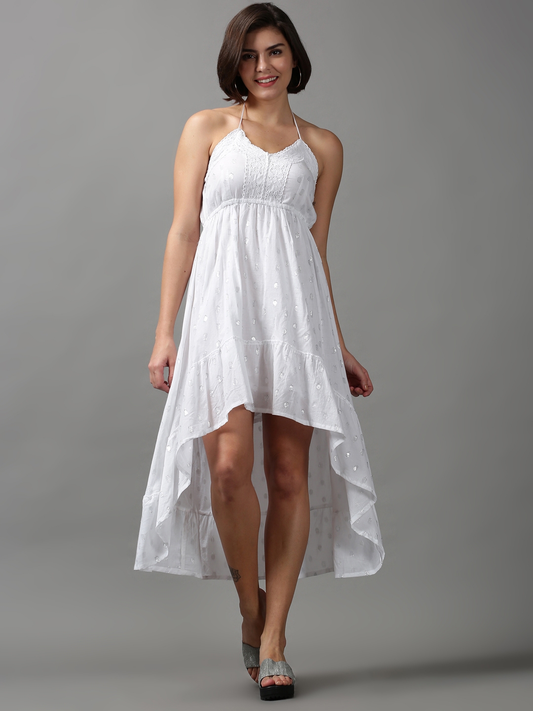 Showoff | SHOWOFF Women White Self Design Halter Neck Sleeveless Midi Fit and Flare Dress 1